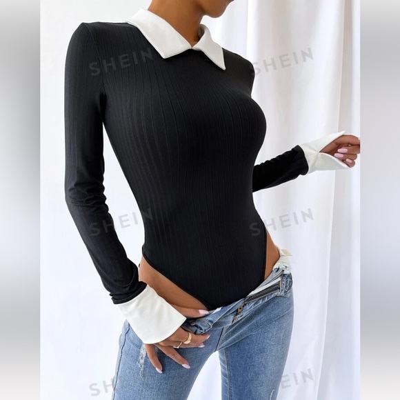 Ribbed Colorblock Keyhole back Slim Fit Tee Bodysuit - Picture 5 of 6